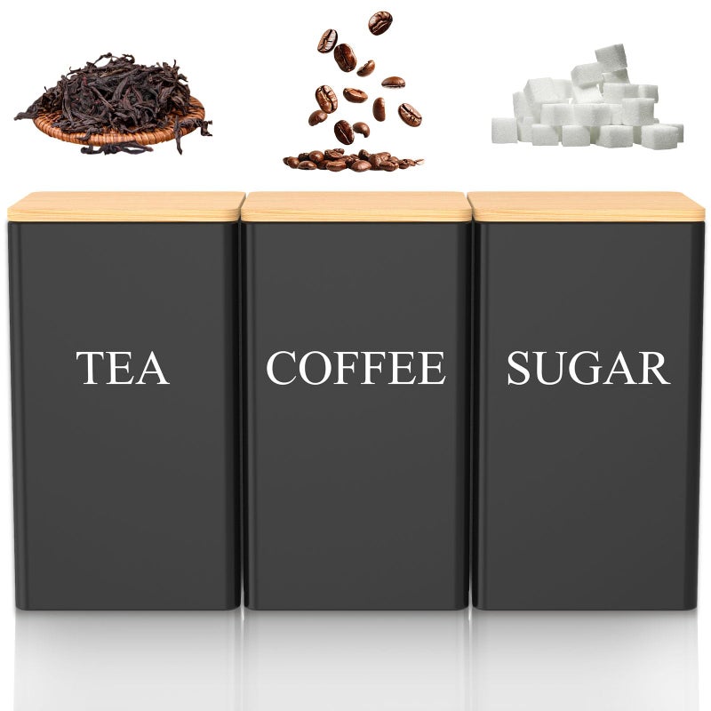 RVEFOT 3 Pcs Coffee Tea Sugar Container Set 1000 ML Metal Teas and Coffee Canisters Set with Bamboo Lids Black Canisters Sets for KitchenFood Storage Container Jars for Kitchen Counter Storage Black - Image 2