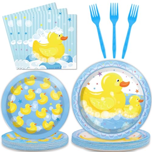 gisgfim 96 Pcs Duck Plates and Napkins Rubber Duck Themed Disposable Plates Set Party Supplies Birthday Baby Shower Decorations for 24 Guests - Image 1