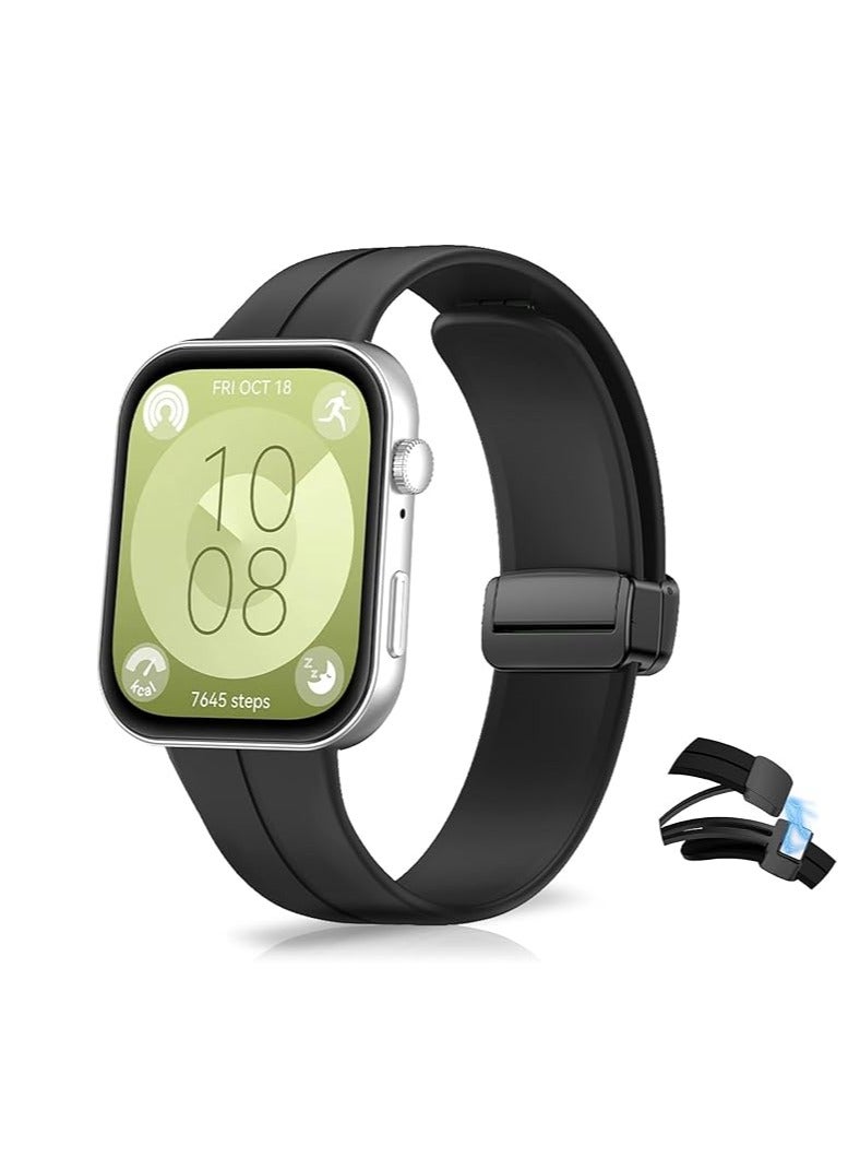 Silicone Strap Compatible with Huawei Watch Fit 3 Magnetic Metal Stainless Buckle Sport Silicone Strap for Huawei Watch Fit 3 Band Quick Release Soft Replacment Wristband Color Black. - Image 1