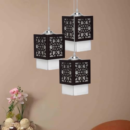 SINOMAN Board-Wood Laser Cut Flower Design Hanging Ceiling Pendant Light for Living Room/Bedroom/Kitchen/Over the Dining Table (Star 3LP, with Bulb) - Image 1