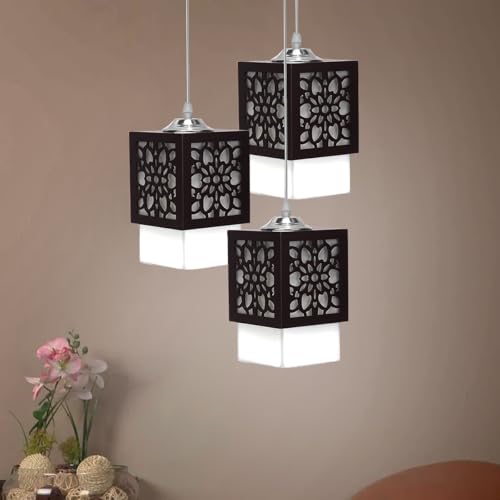 SINOMAN Board-Wood Laser Cut Flower Design Hanging Ceiling Pendant Light for Living Room/Bedroom/Kitchen/Over the Dining Table (Star 3LP, with Bulb) - Image 2