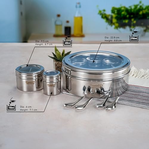 Sumeet 12 in 1 Stainless Steel Airtight Masala Box/Organiser/Masala Dani for Kitchen with Middle Container Partition |12 Containers with Individual with See through Lid & 4 Spoon (22.8 cms), Silver - Image 4