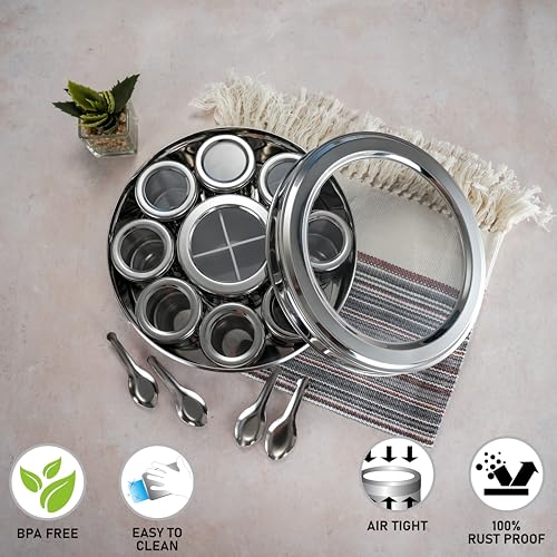 Sumeet 12 in 1 Stainless Steel Airtight Masala Box/Organiser/Masala Dani for Kitchen with Middle Container Partition |12 Containers with Individual with See through Lid & 4 Spoon (22.8 cms), Silver - Image 5