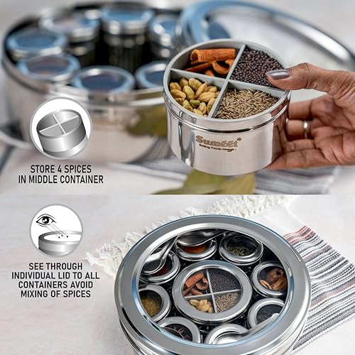 Sumeet 12 in 1 Stainless Steel Airtight Masala Box/Organiser/Masala Dani for Kitchen with Middle Container Partition |12 Containers with Individual with See through Lid & 4 Spoon (22.8 cms), Silver - Image 3