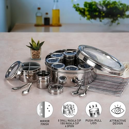 Sumeet 12 in 1 Stainless Steel Airtight Masala Box/Organiser/Masala Dani for Kitchen with Middle Container Partition |12 Containers with Individual with See through Lid & 4 Spoon (22.8 cms), Silver - Image 2