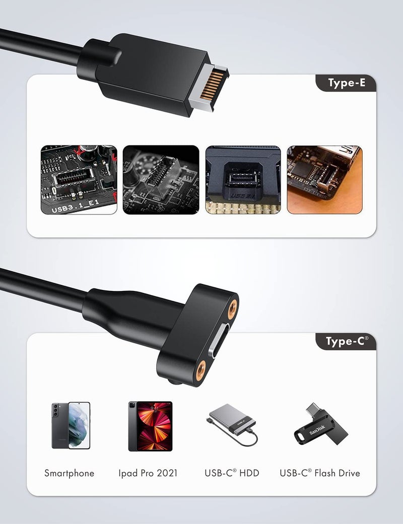 GRAUGEAR 20Gbps USB 3.2 Gen 2x2 USB-C Front Panel Type-C Adapter, Motherboard Header Extension Cable, USB-C to USB3.2 Type-E Key-A 20-Pin Connector with PCIe Bracket, 23.6 in [G-AD-ETC-10G] - Image 4
