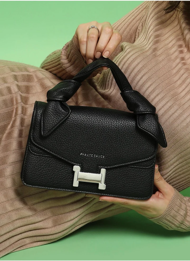 Haute Sauce Haute Sauce Women's The Monogram Sash Hand Bag For Casual Wear | Midnight Black Colour | One-Size| Magnetic Closure | Vegan Leather Material | Detachable Sling | Handbag For Woman & Girls