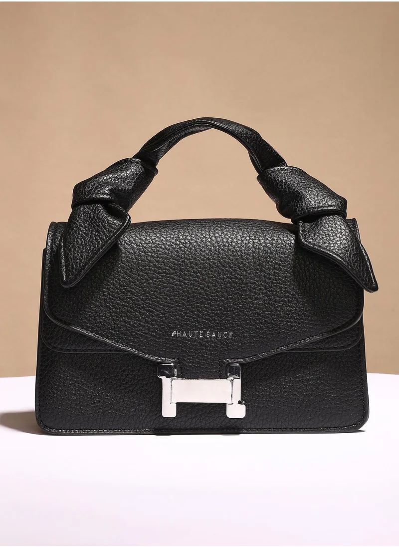 Haute Sauce Haute Sauce Women's The Monogram Sash Hand Bag For Casual Wear | Midnight Black Colour | One-Size| Magnetic Closure | Vegan Leather Material | Detachable Sling | Handbag For Woman & Girls