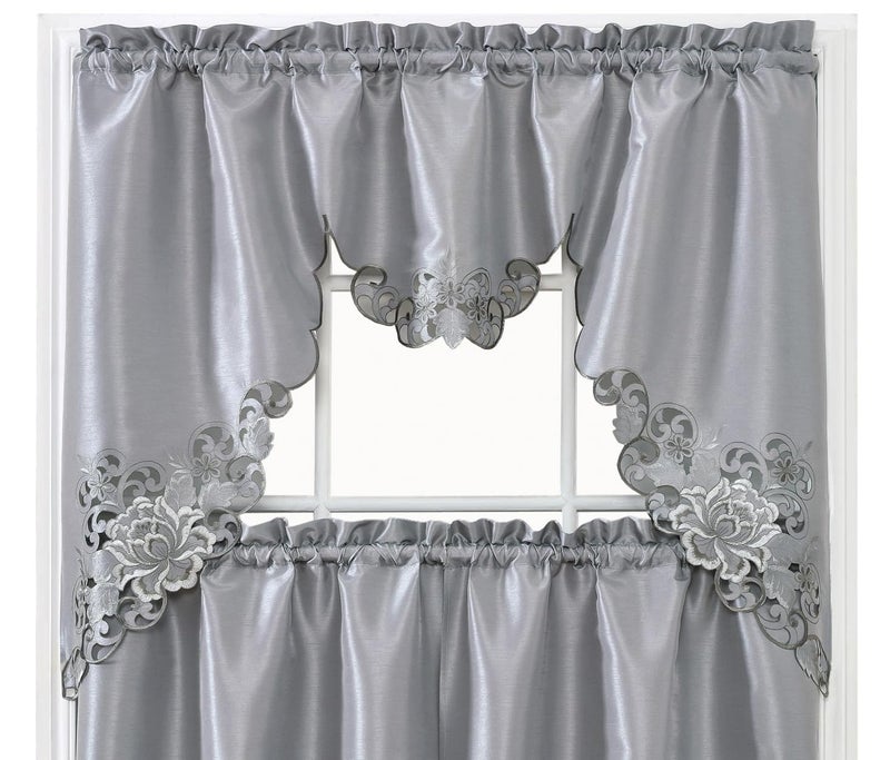 GOHD Golden Ocean Home Decor GOHD Passionate Bloom Kitchen Curtain Swag Valance and Tier Set Nice Embroidery on Faux Silk Fabric with cutworks Silver Grey