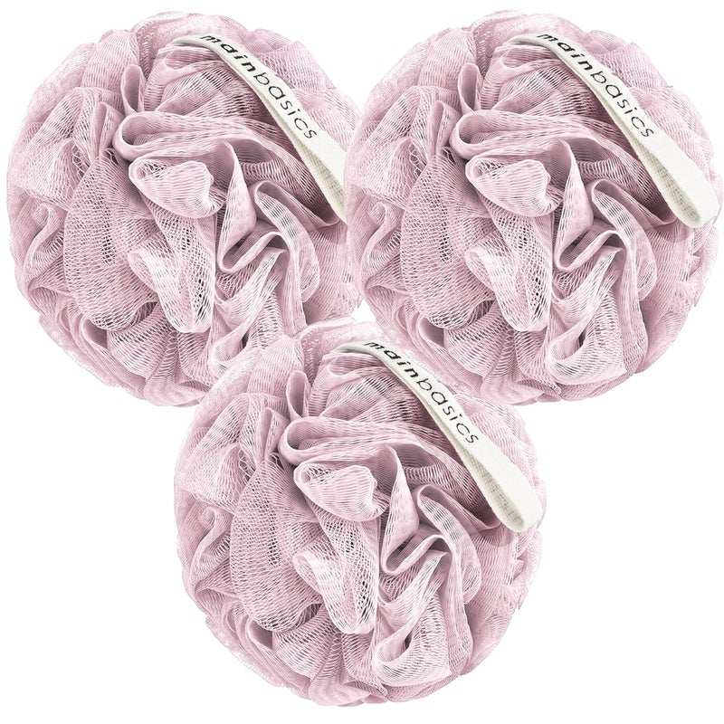 MainBasics Bath Shower Loofah Sponge Pouf Body Scrubber Exfoliator Body Wash Sponge (Set of 3, Perfectly Pink) - Image 1
