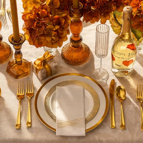 By Madee High End Thanksgiving Disposable Dinnerware Set - 175 Pcs 25 Guests – White & Gold Plastic Plates, Cutlery Linen Feel Napkins - Elegant and Effortless for Fall Holiday Hosting - Image 2
