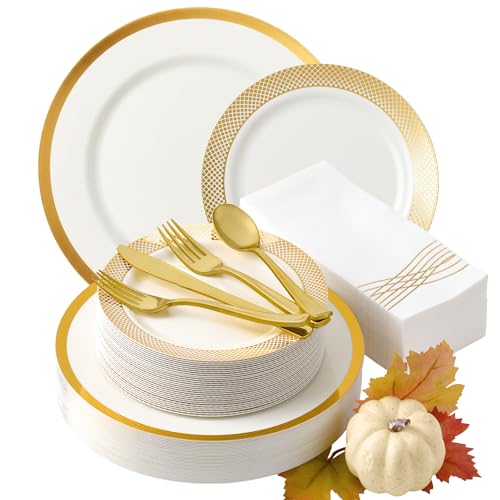 By Madee High End Thanksgiving Disposable Dinnerware Set - 175 Pcs 25 Guests – White & Gold Plastic Plates, Cutlery Linen Feel Napkins - Elegant and Effortless for Fall Holiday Hosting - Image 1