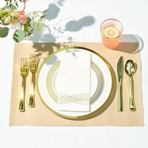 By Madee High End Thanksgiving Disposable Dinnerware Set - 175 Pcs 25 Guests – White & Gold Plastic Plates, Cutlery Linen Feel Napkins - Elegant and Effortless for Fall Holiday Hosting - Image 4
