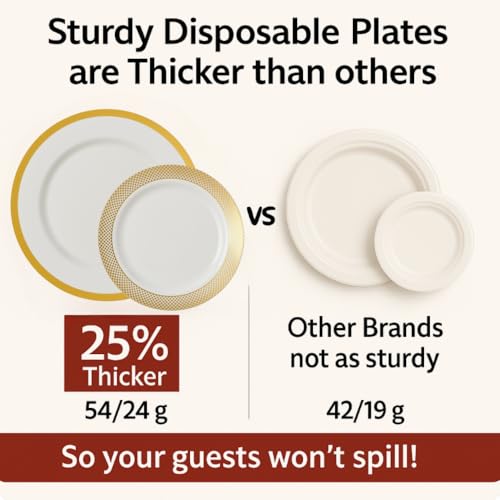 By Madee High End Thanksgiving Disposable Dinnerware Set - 175 Pcs 25 Guests – White & Gold Plastic Plates, Cutlery Linen Feel Napkins - Elegant and Effortless for Fall Holiday Hosting - Image 3