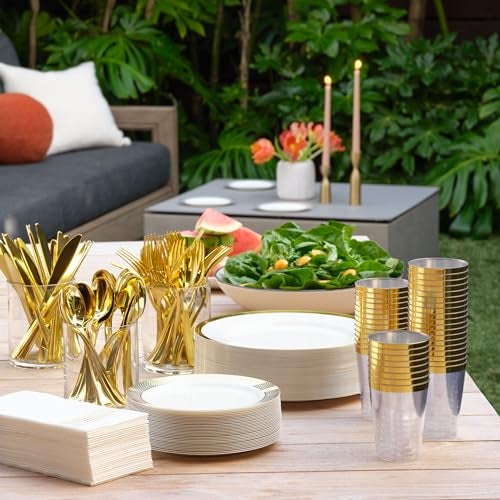 By Madee High End Thanksgiving Disposable Dinnerware Set - 175 Pcs 25 Guests – White & Gold Plastic Plates, Cutlery Linen Feel Napkins - Elegant and Effortless for Fall Holiday Hosting - Image 5