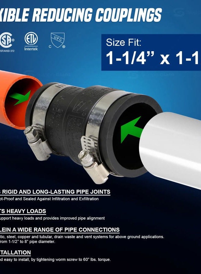 Supply Giant 6I4Jx2 Flexible PVC Reducing Coupling with Stainless Steel Clamps 1-1/2 x 1-1/4 inch Black (Pack of 2), 1-1/4 - Image 3