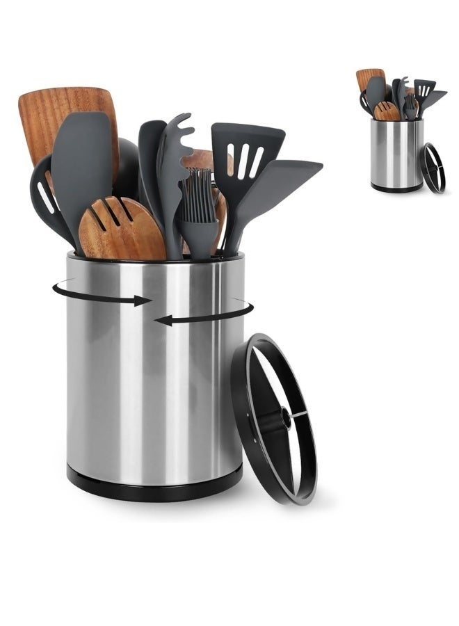 Extra Large 360° Rotating Stainless Steel Kitchen Utensil Holder with Removable 3-Compartment Divider 15.9 × 15.9 × 20.3 cm – Countertop Cooking Utensil Organizer with Drainage System, Non-Slip Base, Rust & Fingerprint Resistant Cutlery Caddy for Spoons, Spatulas, Ladles, Whisks & Kitchen Tools, Dishwasher Safe - Image 1