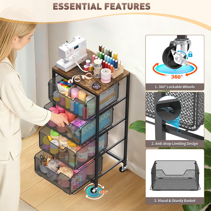 SUNALLY Rolling Cart with Drawers, 4-Tier Craft Storage Cart with Lockable Wheels, Metal Storage Drawer Cart Craft Organizer Art Cart for Kitchen, Bathroom, School, Studio, Office, Bedroom, Black - Image 3