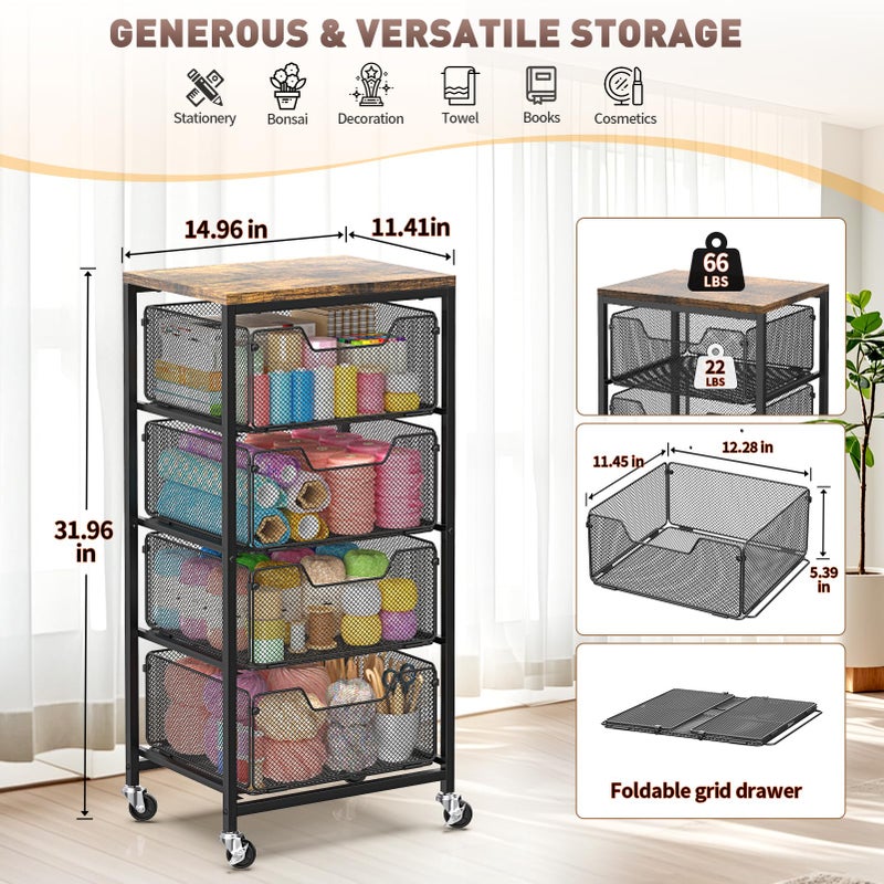 SUNALLY Rolling Cart with Drawers, 4-Tier Craft Storage Cart with Lockable Wheels, Metal Storage Drawer Cart Craft Organizer Art Cart for Kitchen, Bathroom, School, Studio, Office, Bedroom, Black - Image 2