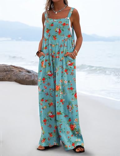 YESNO Women's Summer Casual Overalls Loose Wide Leg Jumpsuits Boho Floral Printed Baggy Rompers with Pockets M PZH CR14 - Image 3