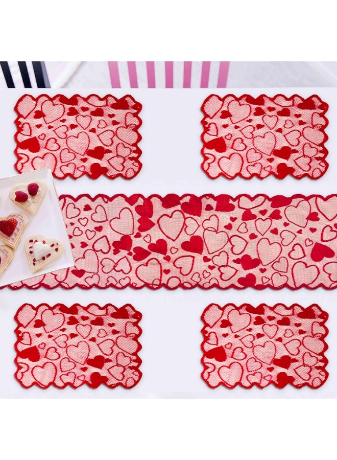 5Pcs Heart-Shaped Lace Table Runner And Placemat Set, Home Decor, Napkins, Tablecloths - Image 1