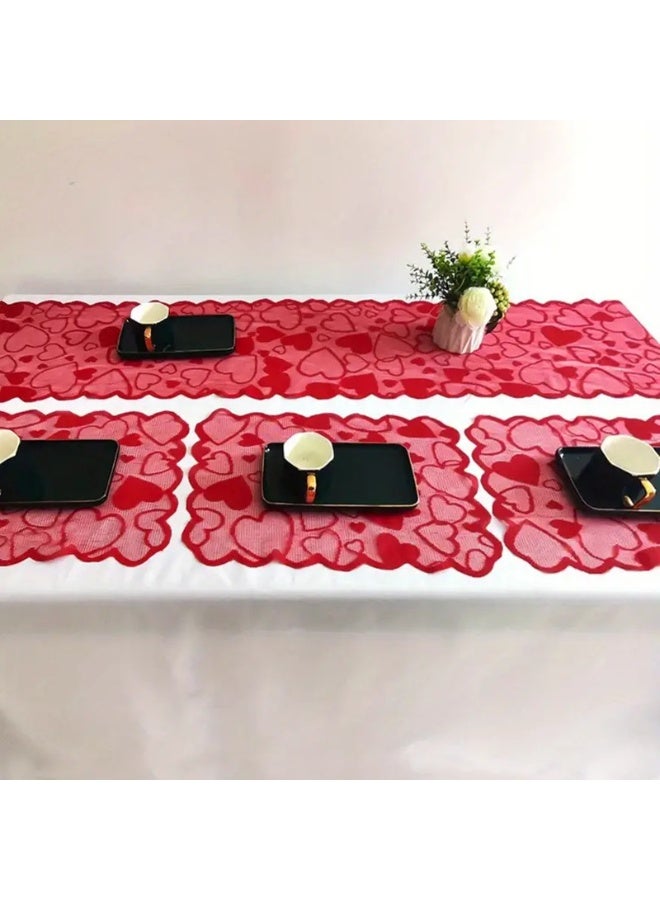 5Pcs Heart-Shaped Lace Table Runner And Placemat Set, Home Decor, Napkins, Tablecloths - Image 2