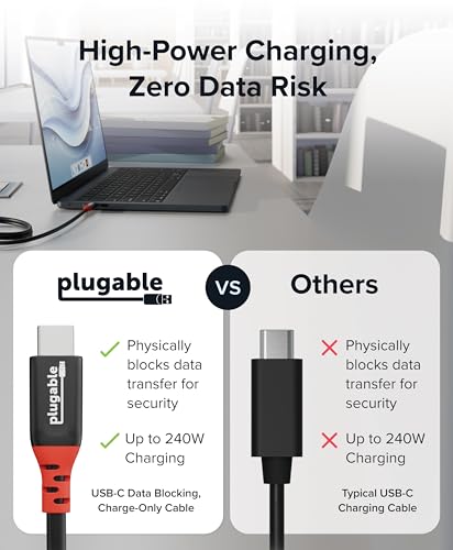 Plugable USB C to USB C Cable, Data Blocker Charge Only Cable (1m/3.3ft): 240W Safe Fast Charging for MacBook, iPhone 15/16, Galaxy S24, Steam Deck, and More USBC Devices (USBC-CC1M) - Image 5