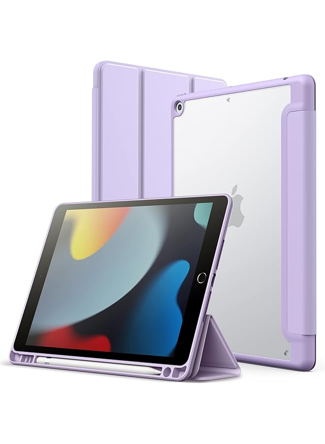 جي تيك حافظة غير لامعة لجهاز ايباد 9 8 7 10.2 انش 2021 2020 2019 موديل الجيل التاسع والثامن والسابع مع حامل قلم وغطاء خلفي شفاف غير لامع وحامل رفيع وغطاء واقي للكمبيوتر اللوحي باللون الأرجواني الفاتح - Image 1