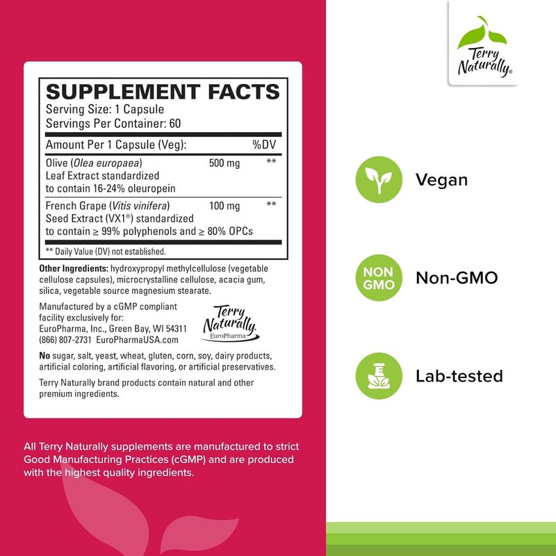 Terry Naturally Blood Pressure Health - 60 Vegan Capsules with French Grape Seed Extract - Image 2
