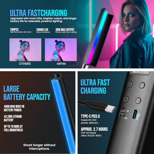 HIFFIN HF-550 RGB LED Stick Light with 30W Power, RGB CCT HSI Mode, 2500K-9900K Adjustable, 24 FX Effect, Detachable Diffuser, App Control, 4000mah Battery Stick Light for Photography & Videography - Image 2
