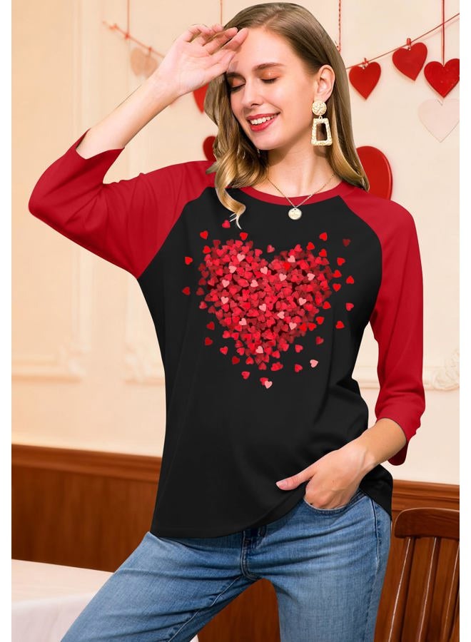 PICKID Valentines Shirts for Women 3/4 Sleeve Cute Love Heart Graphic T-Shirt Spring Casual Tee Tops, Black2, M - Image 3