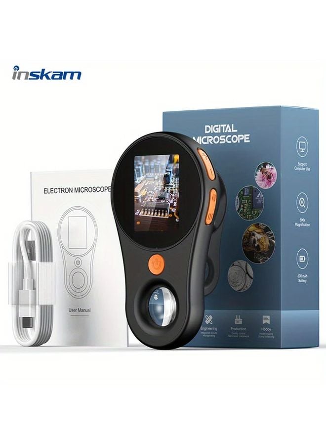 Black Portable Digital Microscope 500X Magnification 2 Inch IPS Screen USB Battery Powered - Image 1