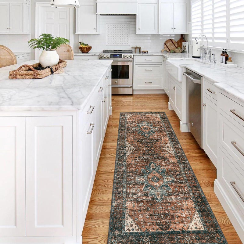 Moynesa UltraThin Washable Runner Rug  2x7 Kitchen Runner Stain Resistant Hallway Mat NonSlip NonShedding Bathroom Laundry Carpet Runner for Front Door Bedside Camper Brick RedDull Teal