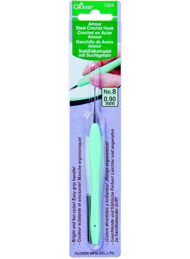 Clover 1224 Amour Steel Crochet Hook (0.90mm) – Ergonomic Soft Grip Handle for Lace and Fine Thread Crochet – Precision Crafting Tool – Mint Green