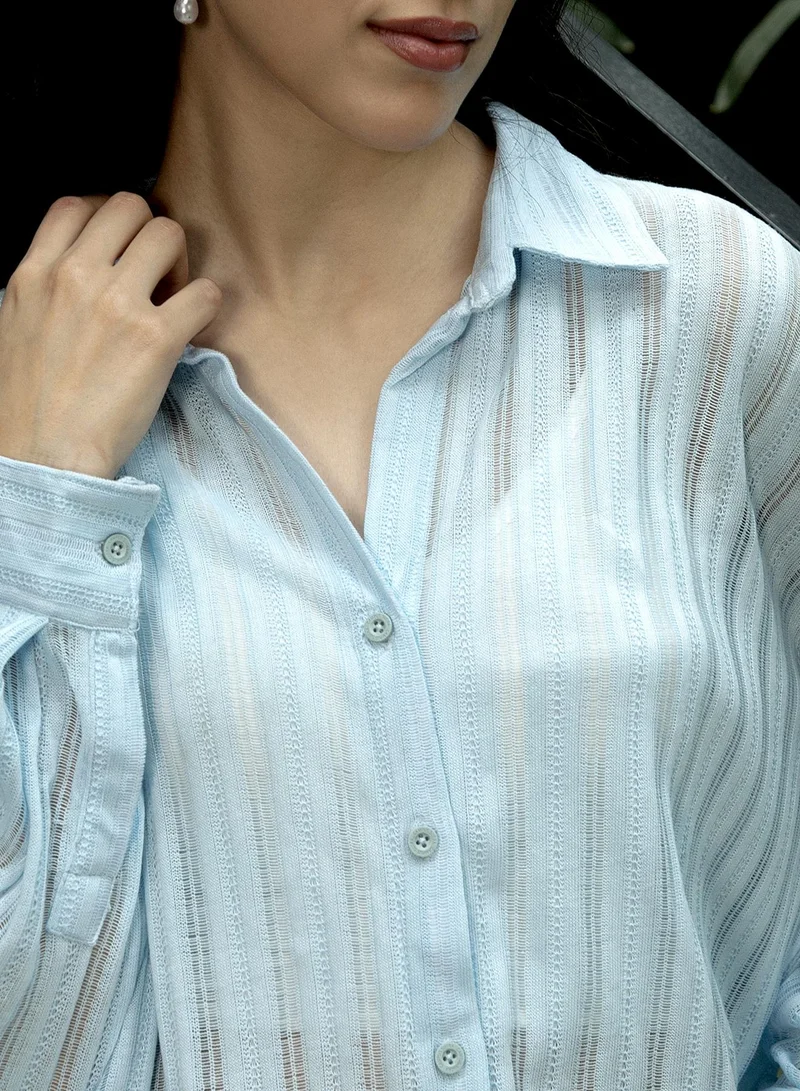 PINACOLADA  Women's Baby Blue Ridge-Knit Oversized Shirt | نساء | أكمام طويلة | سادة | طوق منتشر | كاجوال كبير الحجم | قميص for Women | Best Price UAE