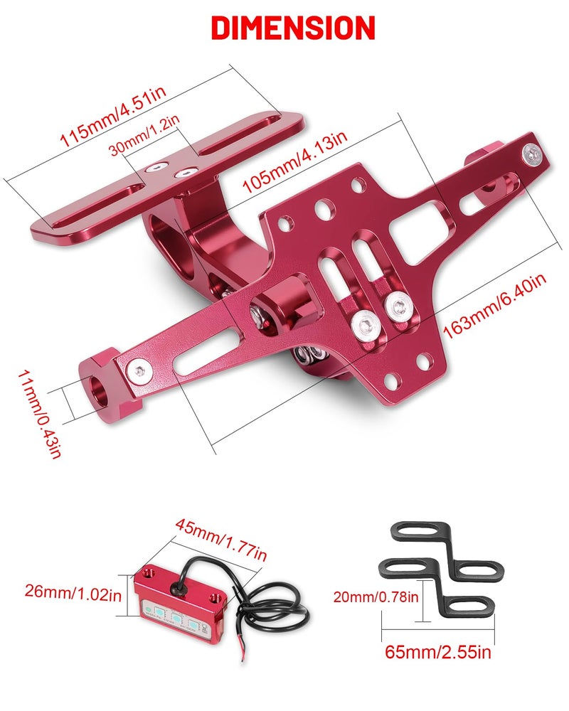 MDPROMCP مزيل واقي دراجة نارية عالمي مع ضوء LED حامل لوحة ترخيص من الألمنيوم CNC (أحمر) - Image 2