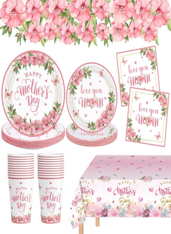 Litmitfu 81 Pcs Happy Mothers Day Decorations Set, Includes Happy Mothers Day Dinner Paper Plates, Love You Mon Dessert Plates Napkins, Pink Tablecloth and Cups for Mother Days Party Supplies, Serves 20 - Image 1