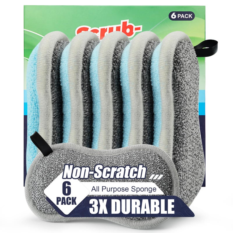 PANYEE Dual Sided All-Purpose Sponges Kitchen,Dish Sponge for Washing Dishes Cleaning Kitchen,Non Scratch,Rough Scrubbers for Non-Stick Cookware, Soft Microfiber Scrub for Dishes(Bule,6Pack) - Image 1