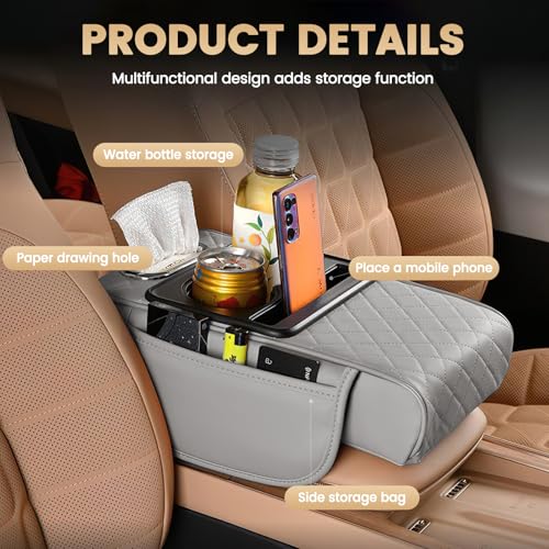 LEIWOOR 4-in-1Car Center Console Organizer with Height-Adjustable Armrest Pad - Leather Storage Box, Pillow Cushion & Protective Cover, Universal Interior Accessories(Grey, Large) - Image 4
