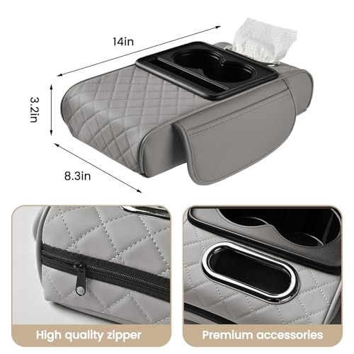 LEIWOOR 4-in-1Car Center Console Organizer with Height-Adjustable Armrest Pad - Leather Storage Box, Pillow Cushion & Protective Cover, Universal Interior Accessories(Grey, Large) - Image 2