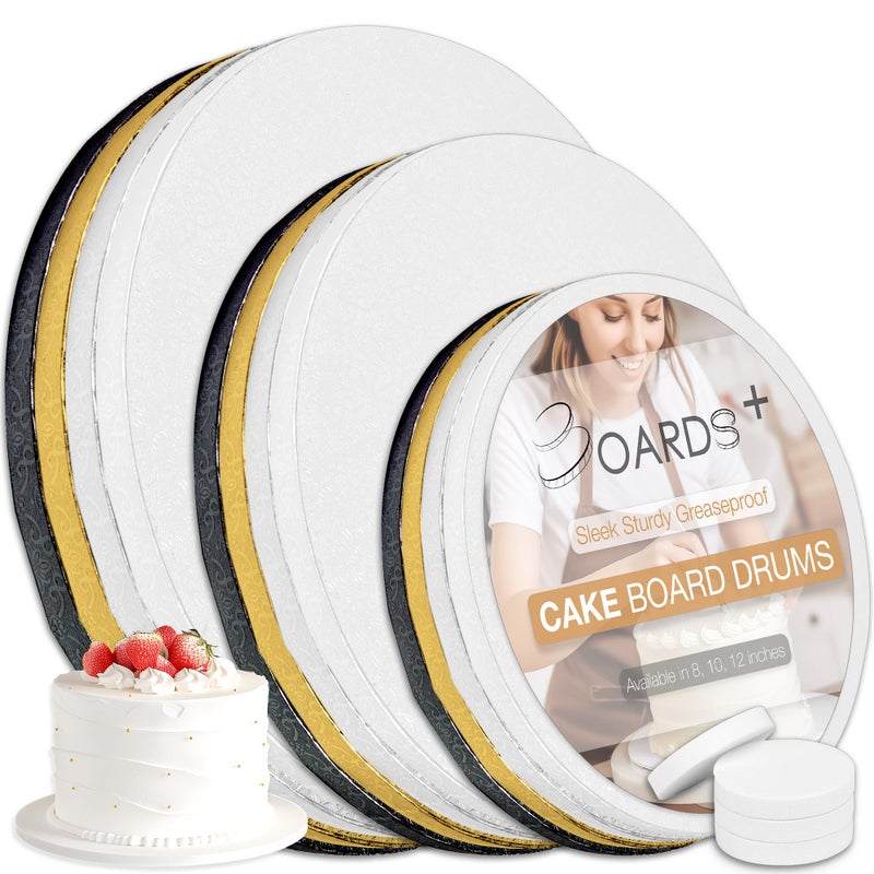BOARDS+ BOARDS 12 Pack Cake Board Drums in 3 Sizes 8 10 12 Inch  in 4 Colors White Silver Black Gold  12 Thick Cake Rounds  Free Prop Up Tools  Perfect for Heavy Cakes