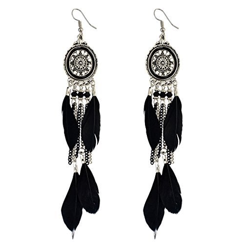 Idealway Vintage Retro Boho Ethnic Silver Plated Alloy Chain Tassel Dangle Earrings Feather Fringe Drop Long Earrings (Black) - Image 5