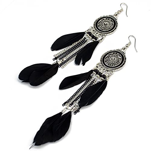 Idealway Vintage Retro Boho Ethnic Silver Plated Alloy Chain Tassel Dangle Earrings Feather Fringe Drop Long Earrings (Black) - Image 3