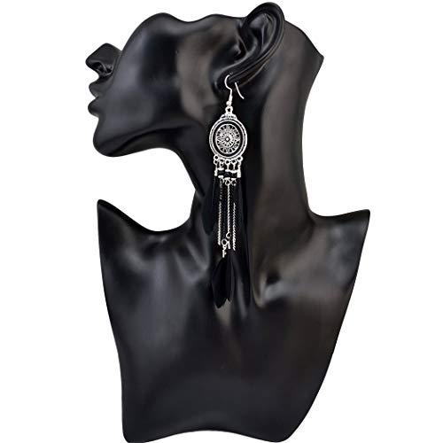 Idealway Vintage Retro Boho Ethnic Silver Plated Alloy Chain Tassel Dangle Earrings Feather Fringe Drop Long Earrings (Black) - Image 4