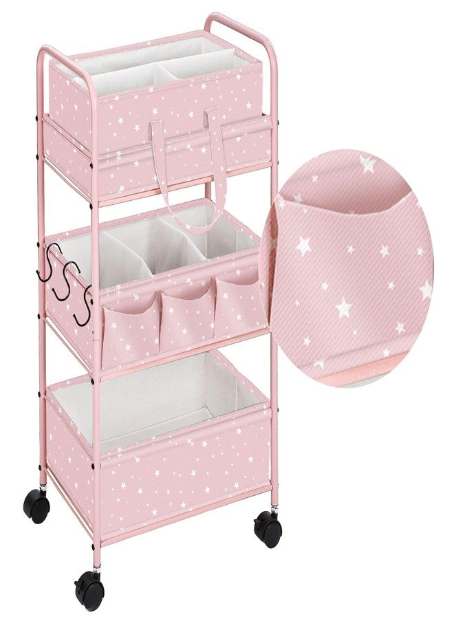 Yookeer 2in1 Baby Diaper Caddy Organizer Cart 3 Tier Large Capacity Metal Utility Bedside Rolling Cart with Divider Newborn Registry Gift Nursery Essential Must Have Bedroom Baby Shower(Pink,Star)