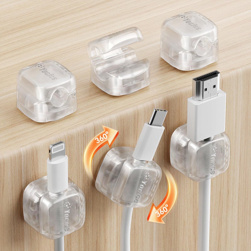 Yocice 6Pack Rotatable Cord Organizer,Spring Cable Clips Desk Cable Management Cord Holder Adhesive Phone Charger Cord Clips for Home Office Car Wall Nightstand Accessories, Clear - Image 1