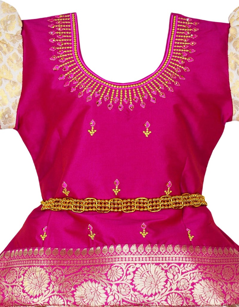 AMIRTHA FASHION Cotton Blend New South Indian Onam Kerala Traditional Pattu Pavadai Pattu Langa Voni Readymade Lehenga Choli For Girls Dress (Pink) (1-2 Years) - Image 3