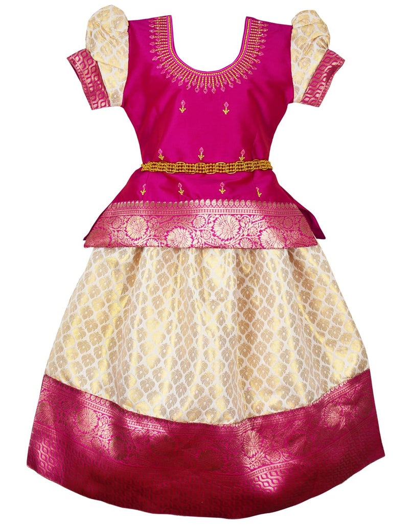 AMIRTHA FASHION Cotton Blend New South Indian Onam Kerala Traditional Pattu Pavadai Pattu Langa Voni Readymade Lehenga Choli For Girls Dress (Pink) (1-2 Years) - Image 4