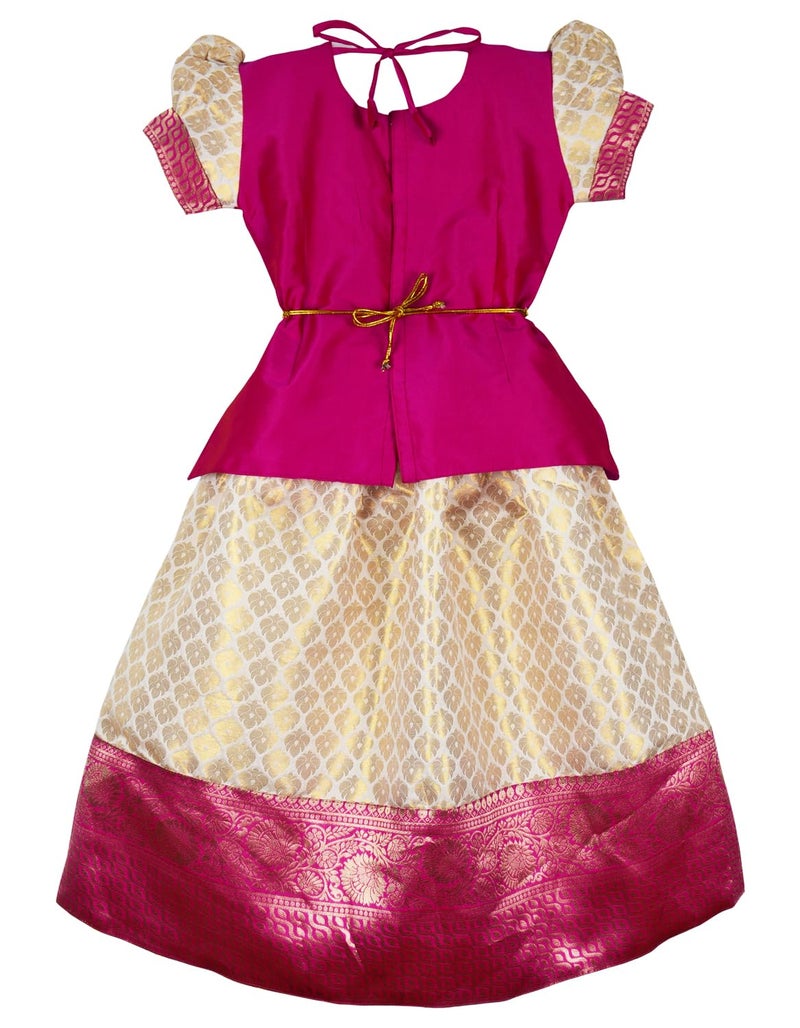 AMIRTHA FASHION Cotton Blend New South Indian Onam Kerala Traditional Pattu Pavadai Pattu Langa Voni Readymade Lehenga Choli For Girls Dress (Pink) (1-2 Years) - Image 2