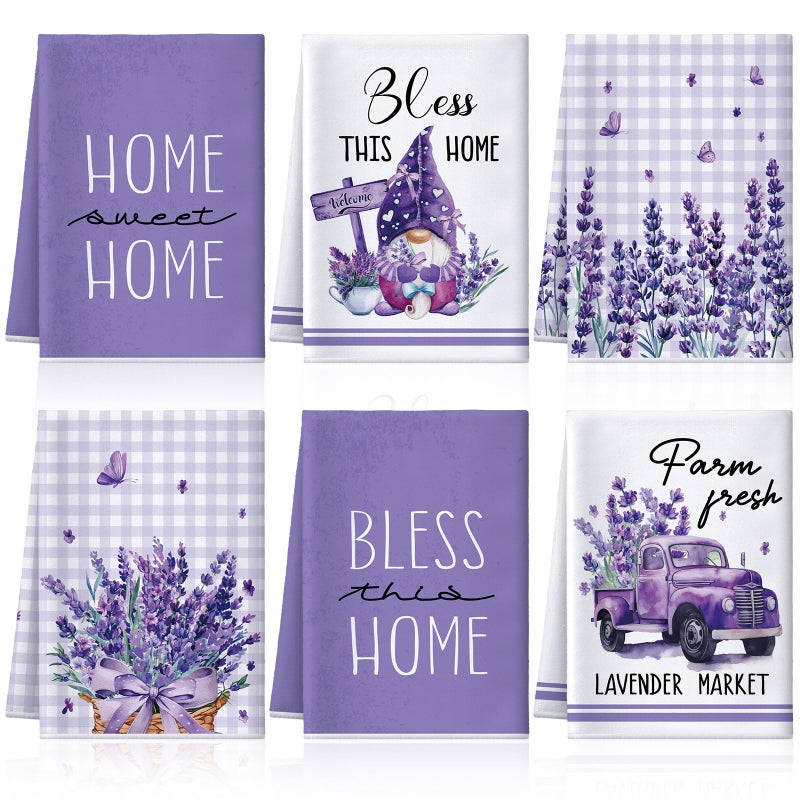 VitalCozy 6 Pcs Lavender Summer Kitchen Towel Set Funny Housewife Farmhouse Rustic Bath Hand Towel for Holiday Bathroom Gift, 24 x 16 Inches(Purple,Lavender) - Image 1